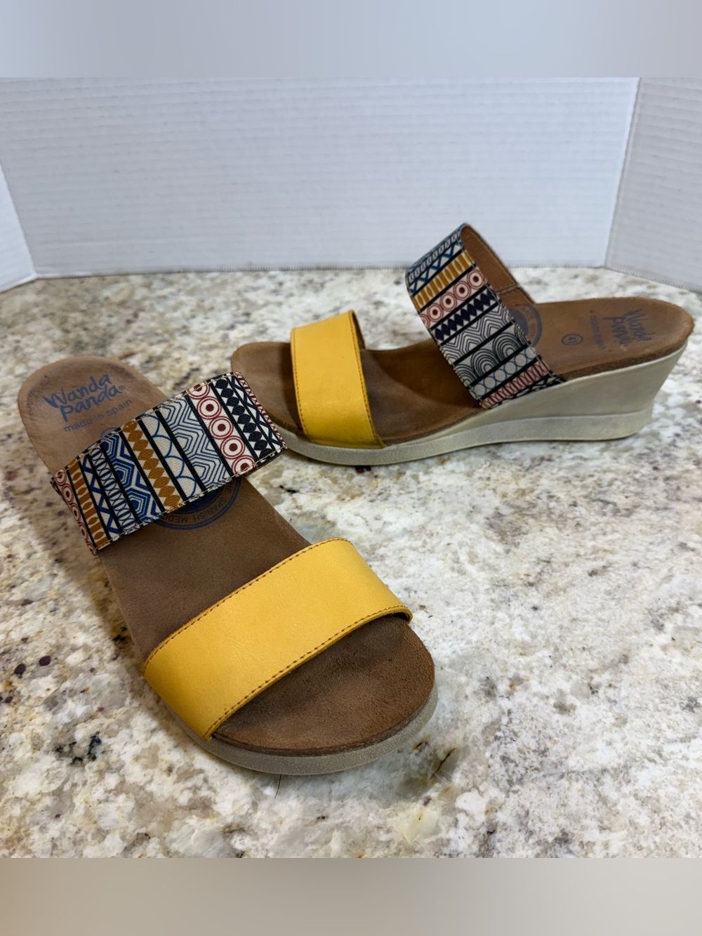 Wanda Panda Yellow Leather Geometric Pattern Wedge Slide Sandals 41 Spain 10.5
